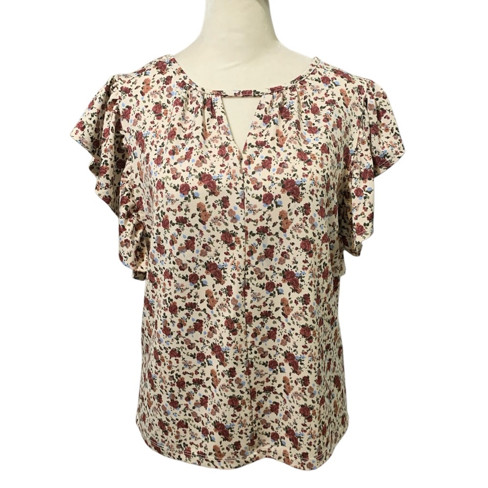 SO Beige Floral Keyhole Cutout Round Neck Flutter Short Sleeve Top